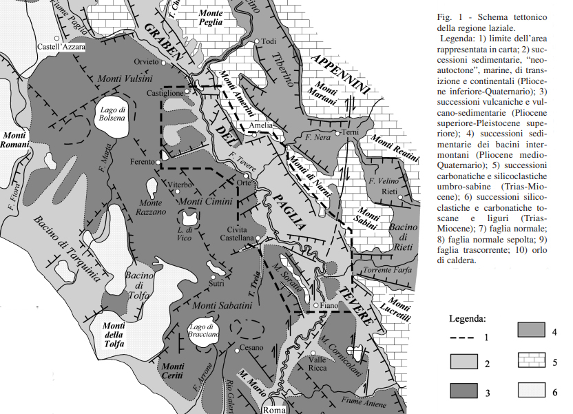 Carta geologica della Tuscia (collage da "Il pliocene e il Quaternario della media valle del Tevere" di Mancini, Girotti, Cavinato).