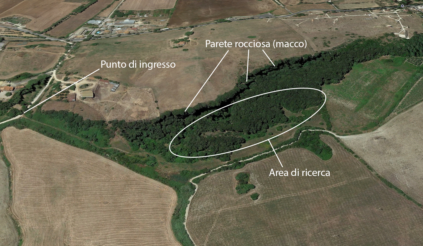 Mappa satellitare della zona recensita, ad est dell'abitato di Tarquinia, poco più a nord dell'ingresso del cimitero della città